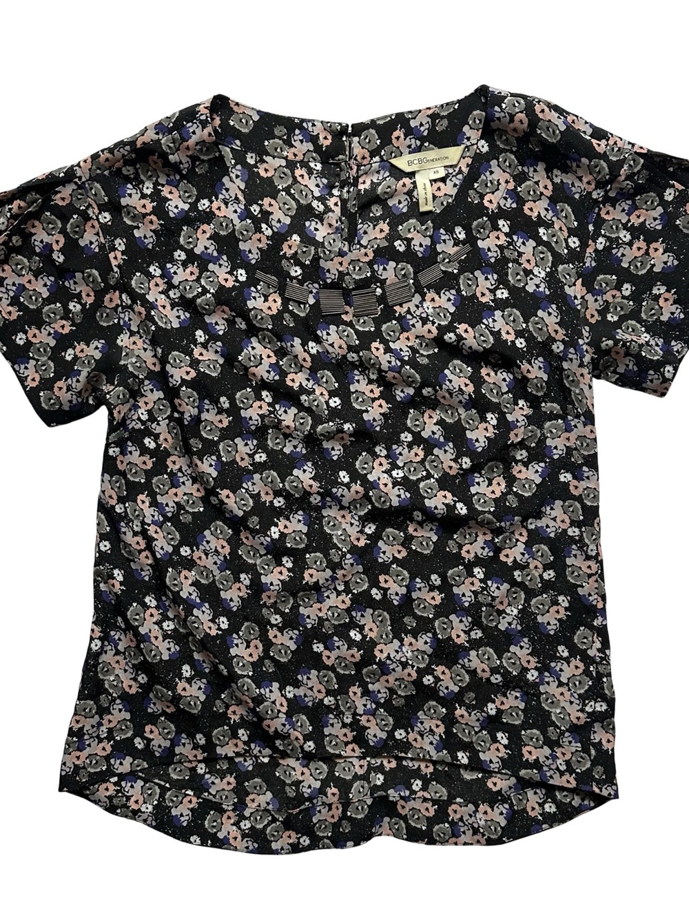 BCBGeneration Black Floral Short Sleeve Top with Pink & Lavender Flowers